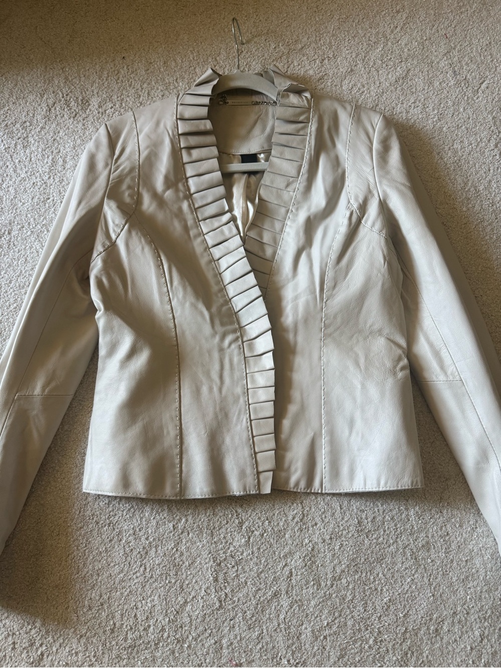 White House Black Market Cream Ruffle-Trim Leather Jacket